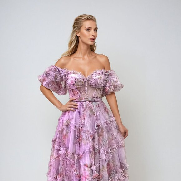 NEW FORMAL SLEEVELESS A-LINE RUCHED FLORAL GOWN W/ OFF SHOULDER SLEEVES JT2887C